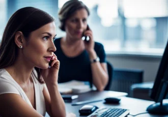 Two ladies talking on phone in office.